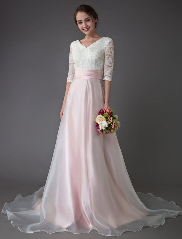 Wedding Dresses Pink V Neck Half Sleeve Pleated A Line Bridal Gown