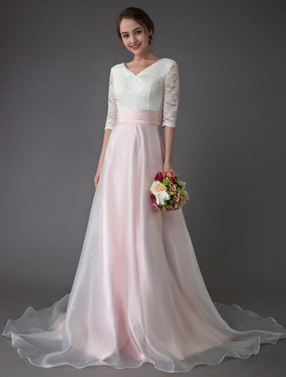 Wedding Dresses Pink V Neck Half Sleeve Pleated A Line Bridal Gown