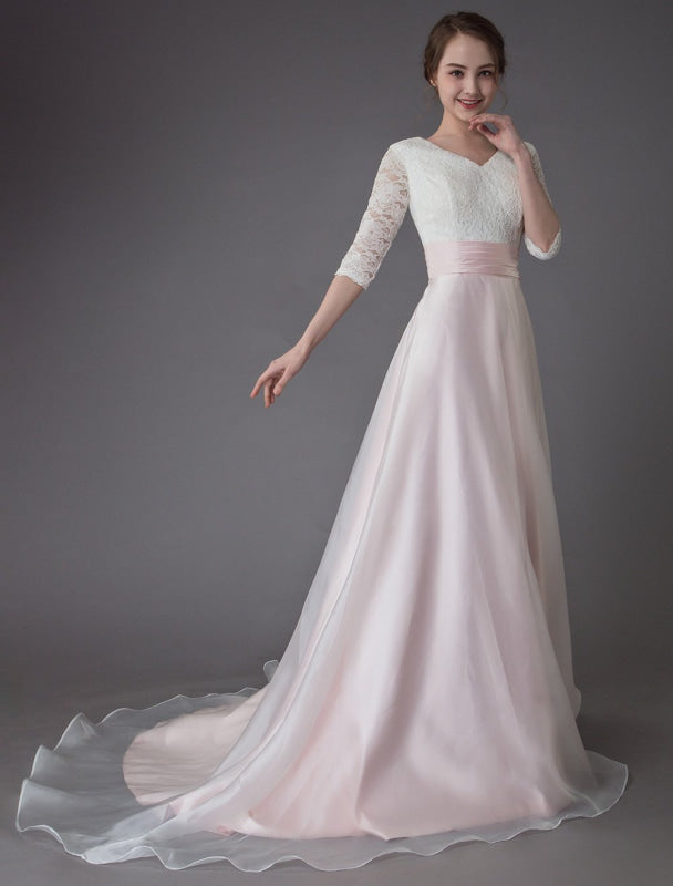 Wedding Dresses Pink V Neck Half Sleeve Pleated A Line Bridal Gown
