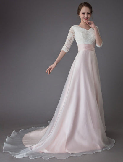 Wedding Dresses Pink V Neck Half Sleeve Pleated A Line Bridal Gown