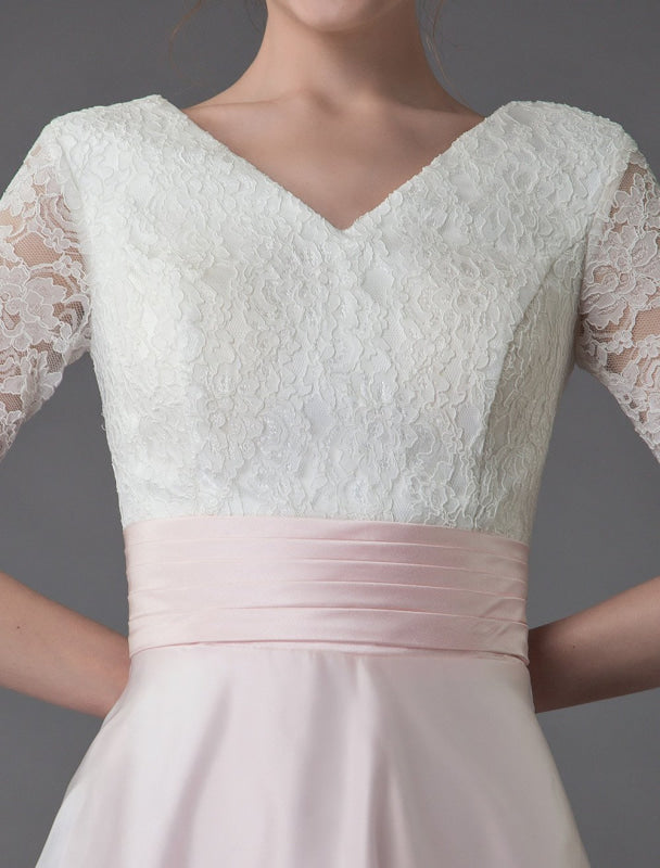 Wedding Dresses Pink V Neck Half Sleeve Pleated A Line Bridal Gown