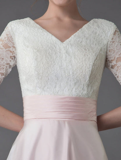 Wedding Dresses Pink V Neck Half Sleeve Pleated A Line Bridal Gown