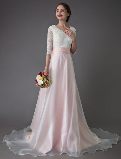 Wedding Dresses Pink V Neck Half Sleeve Pleated A Line Bridal Gown