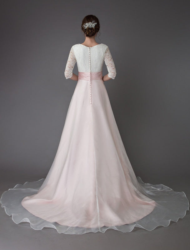 Wedding Dresses Pink V Neck Half Sleeve Pleated A Line Bridal Gown