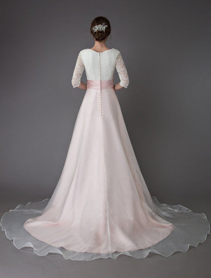 Wedding Dresses Pink V Neck Half Sleeve Pleated A Line Bridal Gown