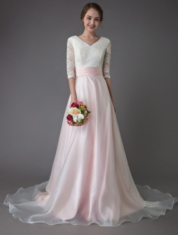 Wedding Dresses Pink V Neck Half Sleeve Pleated A Line Bridal Gown