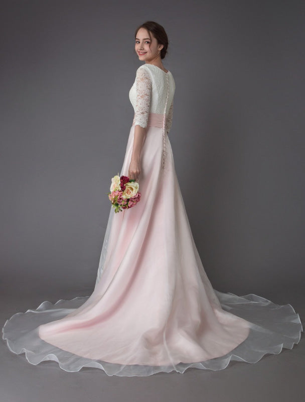 Wedding Dresses Pink V Neck Half Sleeve Pleated A Line Bridal Gown