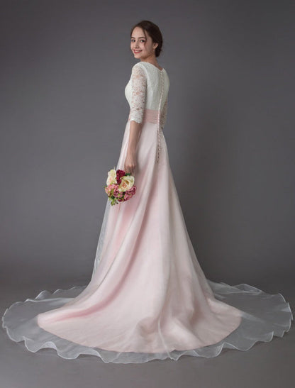 Wedding Dresses Pink V Neck Half Sleeve Pleated A Line Bridal Gown