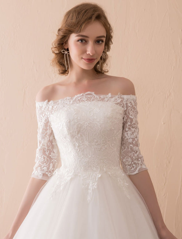 Off The Shoulder Wedding Dresses Princess Lace Bridal Gown Half Sleeve Bridal Dress