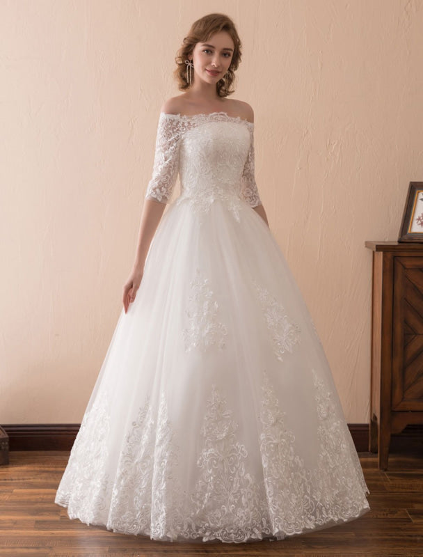 Off The Shoulder Wedding Dresses Princess Lace Bridal Gown Half Sleeve Bridal Dress