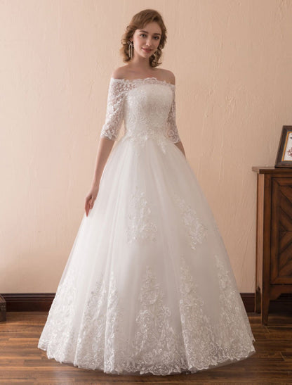 Off The Shoulder Wedding Dresses Princess Lace Bridal Gown Half Sleeve Bridal Dress