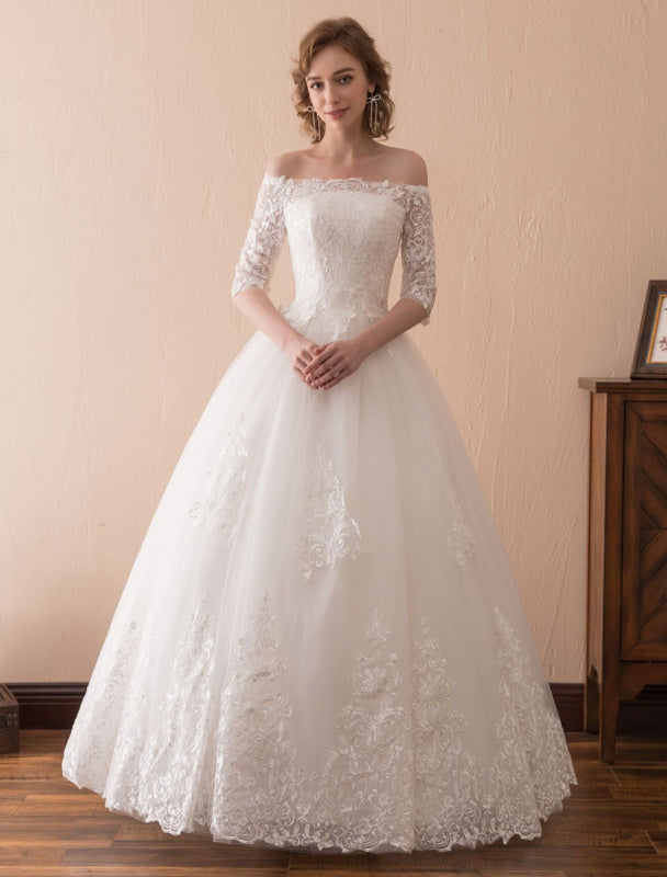 Off The Shoulder Wedding Dresses Princess Lace Bridal Gown Half Sleeve Bridal Dress