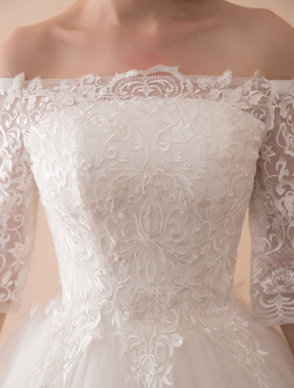 Off The Shoulder Wedding Dresses Princess Lace Bridal Gown Half Sleeve Bridal Dress