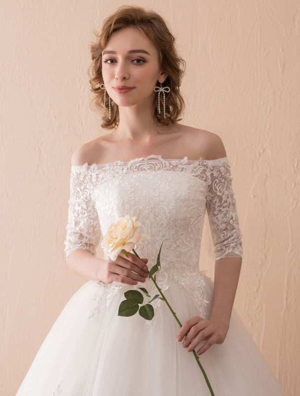 Off The Shoulder Wedding Dresses Princess Lace Bridal Gown Half Sleeve Bridal Dress