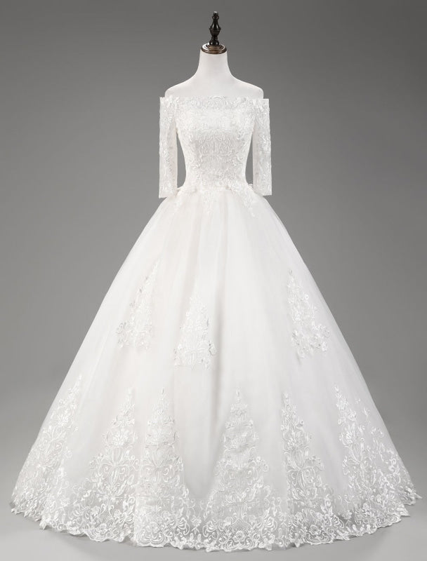 Off The Shoulder Wedding Dresses Princess Lace Bridal Gown Half Sleeve Bridal Dress