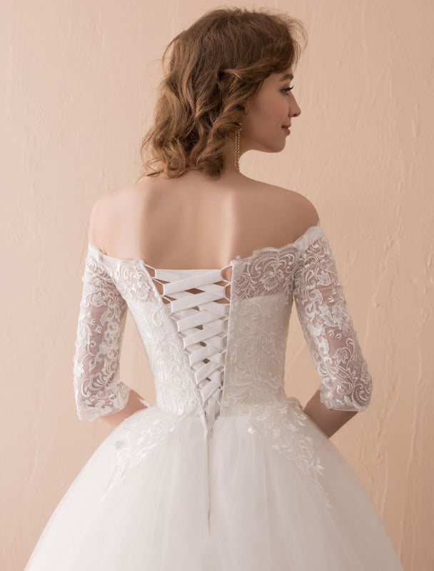 Off The Shoulder Wedding Dresses Princess Lace Bridal Gown Half Sleeve Bridal Dress