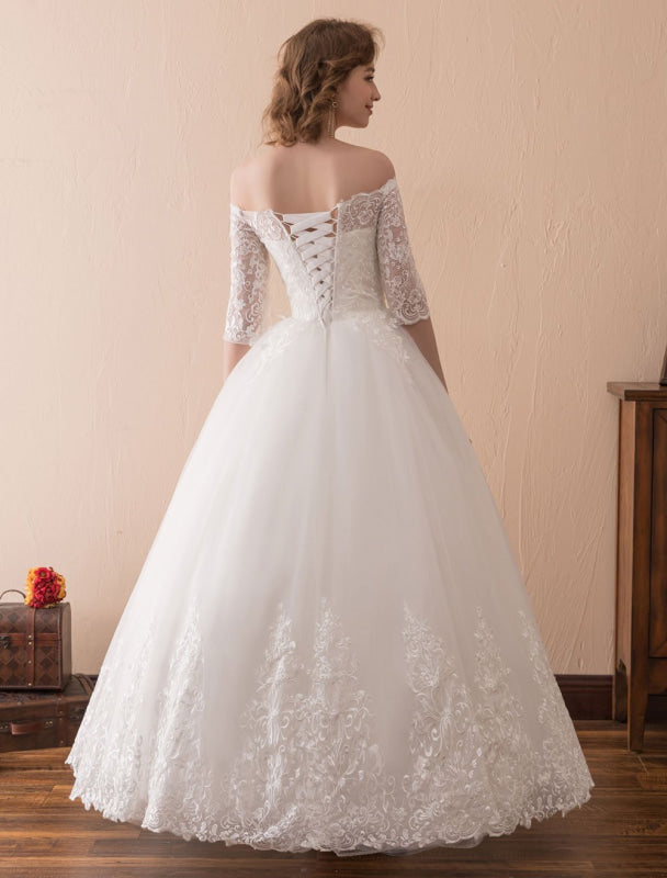 Off The Shoulder Wedding Dresses Princess Lace Bridal Gown Half Sleeve Bridal Dress