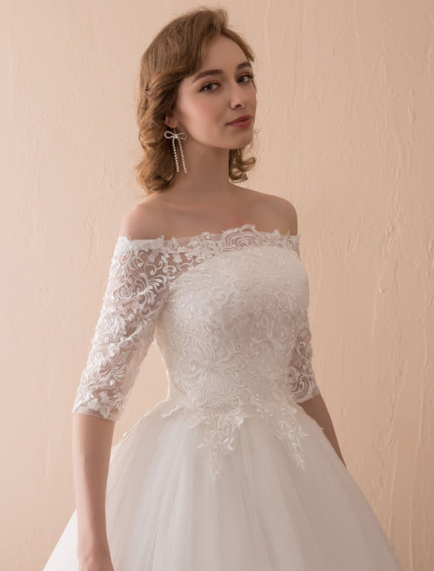 Off The Shoulder Wedding Dresses Princess Lace Bridal Gown Half Sleeve Bridal Dress