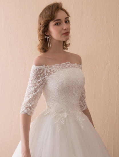 Off The Shoulder Wedding Dresses Princess Lace Bridal Gown Half Sleeve Bridal Dress