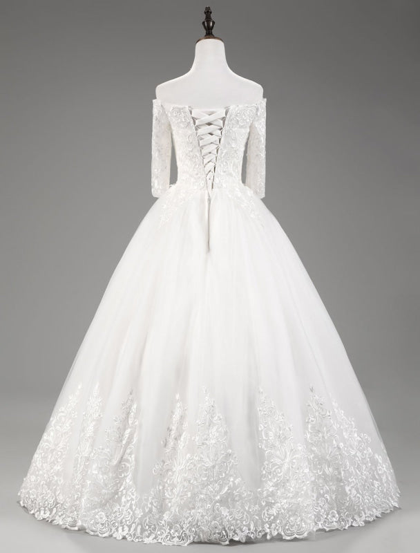 Off The Shoulder Wedding Dresses Princess Lace Bridal Gown Half Sleeve Bridal Dress