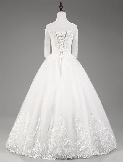Off The Shoulder Wedding Dresses Princess Lace Bridal Gown Half Sleeve Bridal Dress
