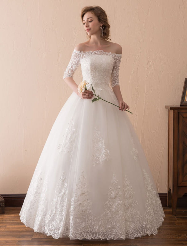 Off The Shoulder Wedding Dresses Princess Lace Bridal Gown Half Sleeve Bridal Dress
