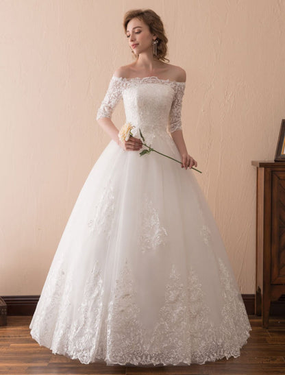 Off The Shoulder Wedding Dresses Princess Lace Bridal Gown Half Sleeve Bridal Dress