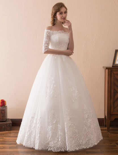 Off The Shoulder Wedding Dresses Princess Lace Bridal Gown Half Sleeve Bridal Dress
