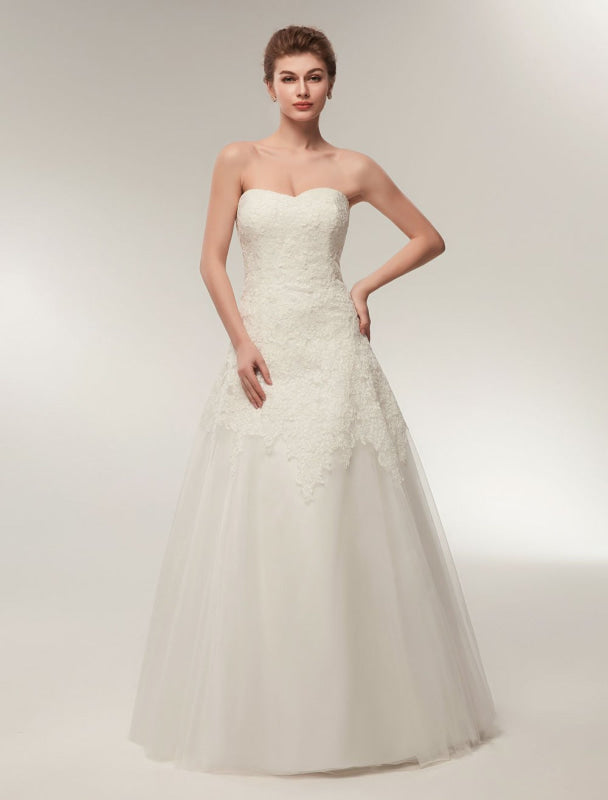 Wedding Dresses Strapless Lace Maxi Bridal Dress Sweetheart Floor Length Ivory Wedding Gowns