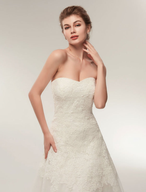 Wedding Dresses Strapless Lace Maxi Bridal Dress Sweetheart Floor Length Ivory Wedding Gowns