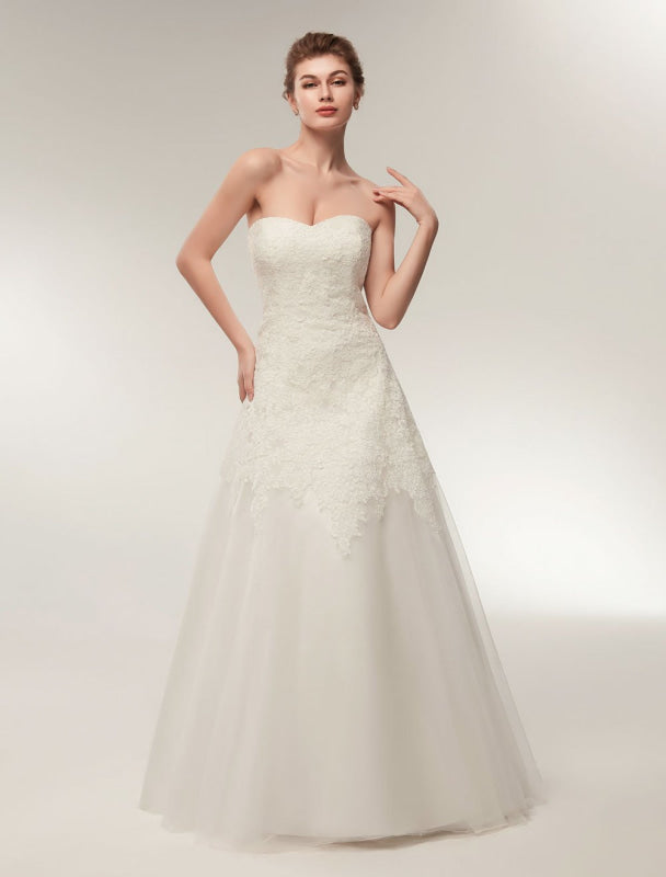 Wedding Dresses Strapless Lace Maxi Bridal Dress Sweetheart Floor Length Ivory Wedding Gowns