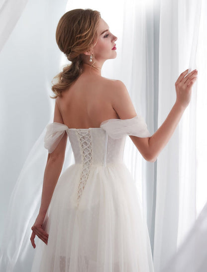 Wedding Dresses Tulle Ivory Off The Shoulder Sweetheart Beach Bridal Dress With Train