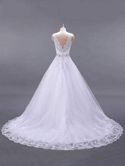 Wedding Dresses V Neck Sleeveless A Line Lace Beaded Sash Bridal Dresses With Train