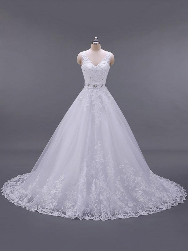Wedding Dresses V Neck Sleeveless A Line Lace Beaded Sash Bridal Dresses With Train