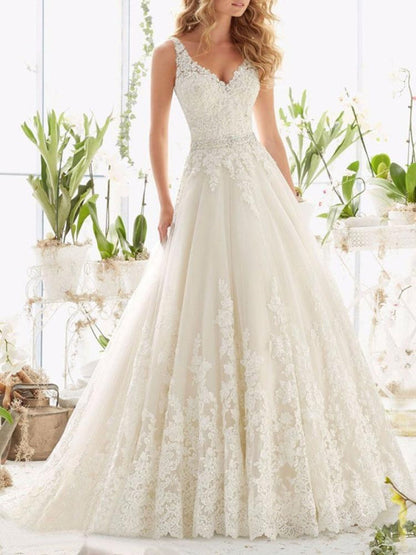 Wedding Dresses V Neck Sleeveless A Line Lace Beaded Sash Bridal Dresses With Train
