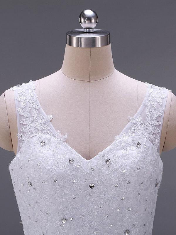 Wedding Dresses V Neck Sleeveless A Line Lace Beaded Sash Bridal Dresses With Train