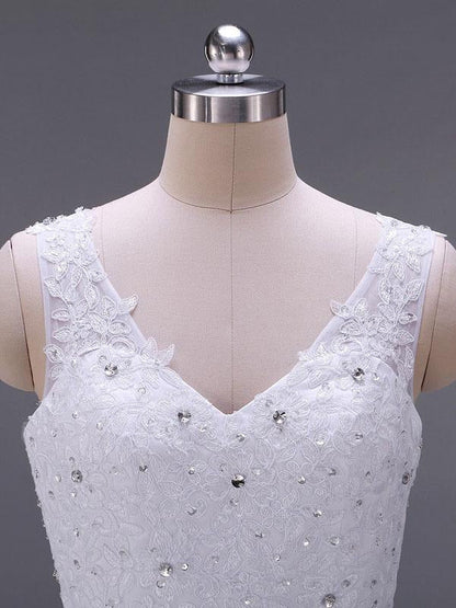 Wedding Dresses V Neck Sleeveless A Line Lace Beaded Sash Bridal Dresses With Train