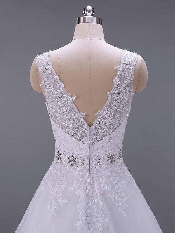 Wedding Dresses V Neck Sleeveless A Line Lace Beaded Sash Bridal Dresses With Train