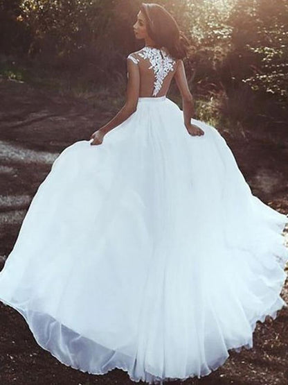 Wedding Dresses With Court Train A-Line Sleeveless Applique Illusion Neckline Bridal Gowns