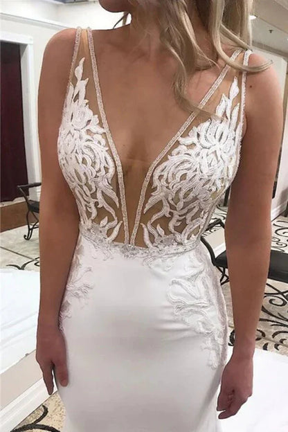 Mermaid Deep V-neck Wedding Dresses With Lace Appliques, Bridal Gown