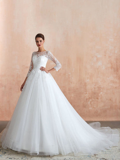 Wedding Gown 3/4 Sleeve Jewel Neck Lace Appliqued Beaded Ball Gown Bridal Wedding Dress With Train