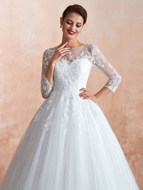 Wedding Gown 3/4 Sleeve Jewel Neck Lace Appliqued Beaded Ball Gown Bridal Wedding Dress With Train