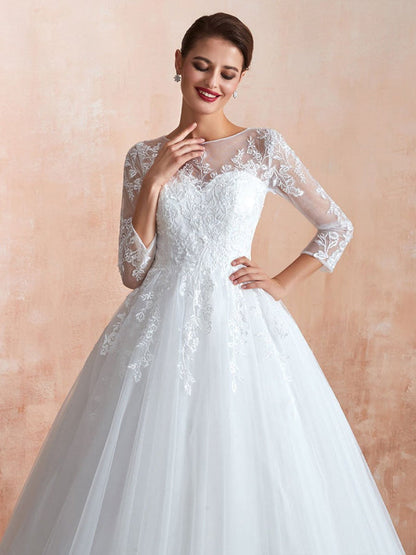 Wedding Gown 3/4 Sleeve Jewel Neck Lace Appliqued Beaded Ball Gown Bridal Wedding Dress With Train