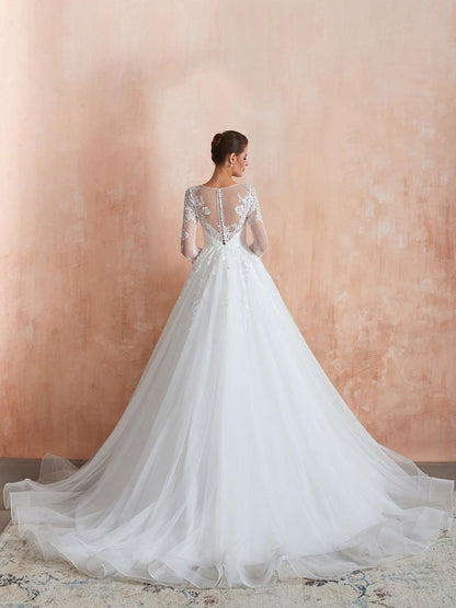 Wedding Gown 3/4 Sleeve Jewel Neck Lace Appliqued Beaded Ball Gown Bridal Wedding Dress With Train