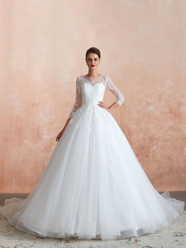 Wedding Gown 3/4 Sleeve Jewel Neck Lace Appliqued Beaded Ball Gown Bridal Wedding Dress With Train