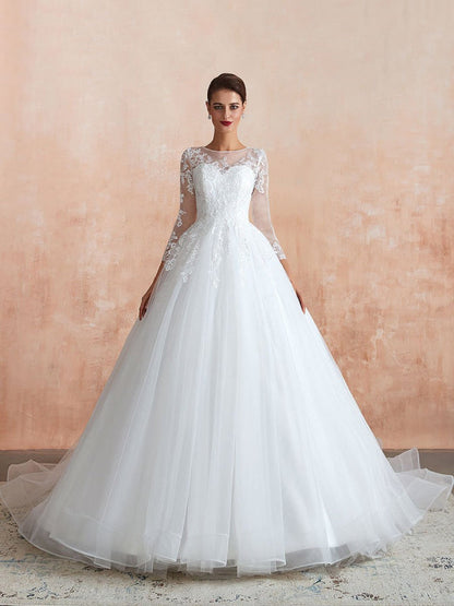 Wedding Gown 3/4 Sleeve Jewel Neck Lace Appliqued Beaded Ball Gown Bridal Wedding Dress With Train