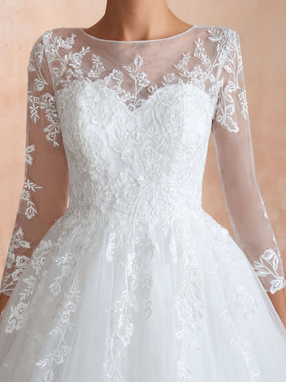 Wedding Gown 3/4 Sleeve Jewel Neck Lace Appliqued Beaded Ball Gown Bridal Wedding Dress With Train