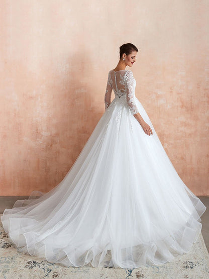 Wedding Gown 3/4 Sleeve Jewel Neck Lace Appliqued Beaded Ball Gown Bridal Wedding Dress With Train
