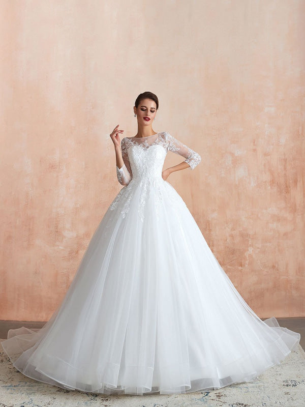 Wedding Gown 3/4 Sleeve Jewel Neck Lace Appliqued Beaded Ball Gown Bridal Wedding Dress With Train