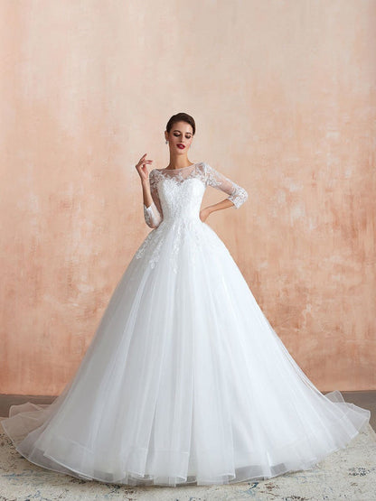 Wedding Gown 3/4 Sleeve Jewel Neck Lace Appliqued Beaded Ball Gown Bridal Wedding Dress With Train